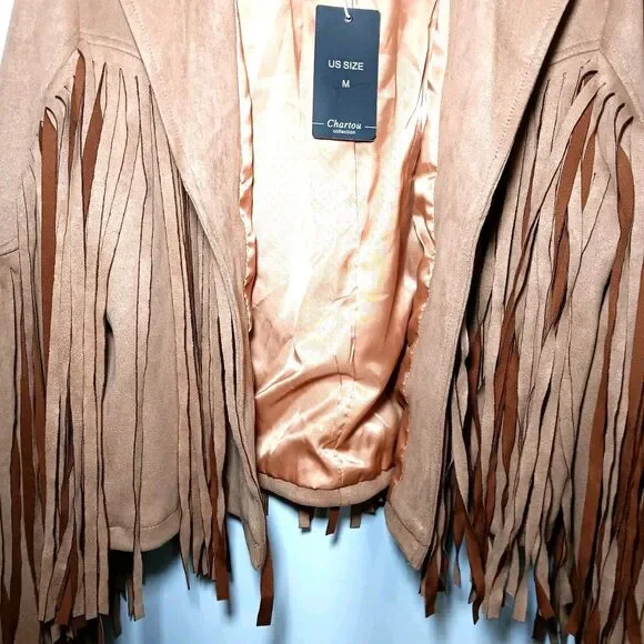 NWT Chartou Faux Suede Camel Color Jacket Sz M Cropped Fringe Open Front - Picture 4 of 10